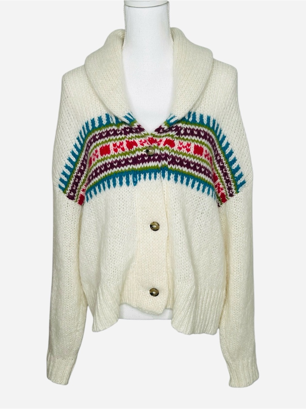 XIRENA Waylon Shawl Collar Fair Isle Alpaca Cardigan Ivory Small - Picture 2 of 12